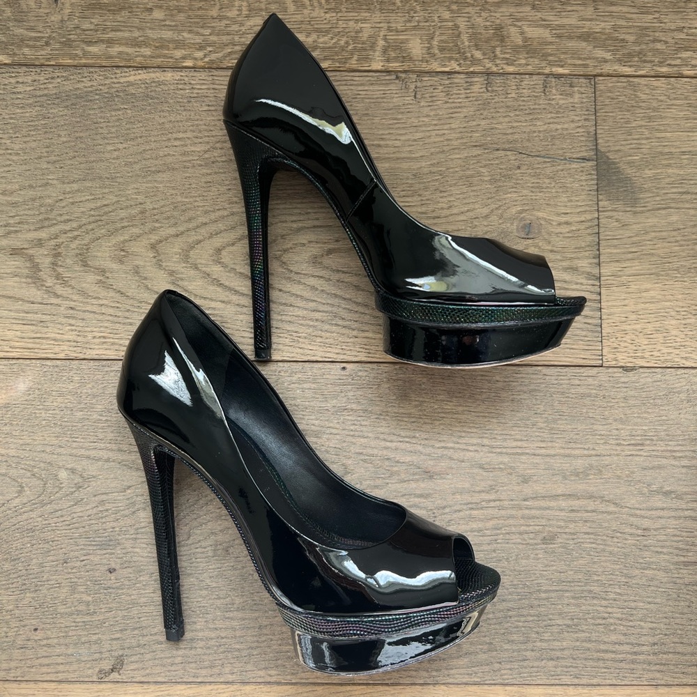 Brian Atwood Black Patent Florencia Peep Toe Pumps